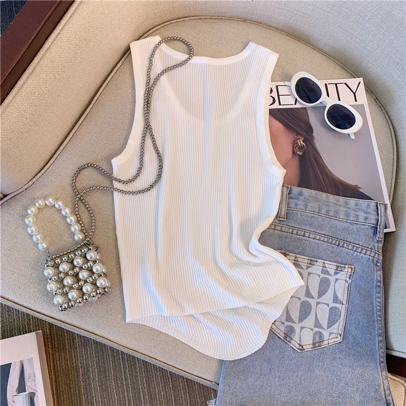 Black New Rhinestone Knitted Tank Top White Crew Neck Sleeveless Tank Top For Summer Women's Clothing Crop Top Camis
