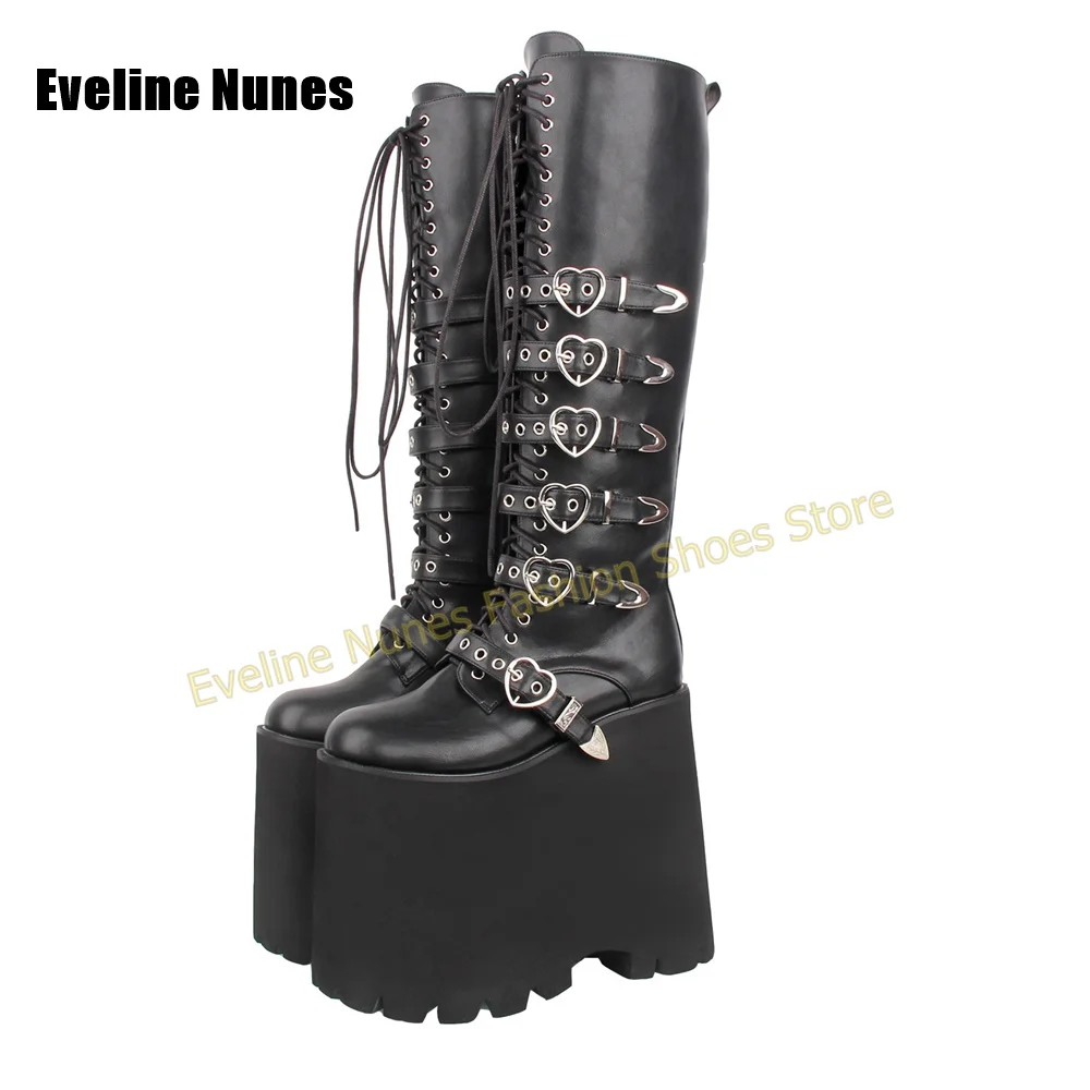Y2K Gothic Lolita Tall Platform Boots Black Matte Heart Shaped Metal Buckle Chunky Sole Punk Street Style Party Fashion Shoes view 6