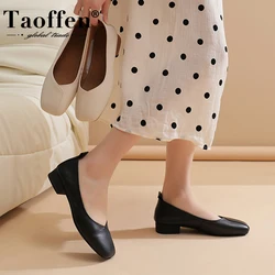 Taoffen Low Heel Pumps Genuine Cow Leather Square Toe Chunky Heel Soft Office Lady Work Shoes Elegant Slip On Casual Flat Shoes