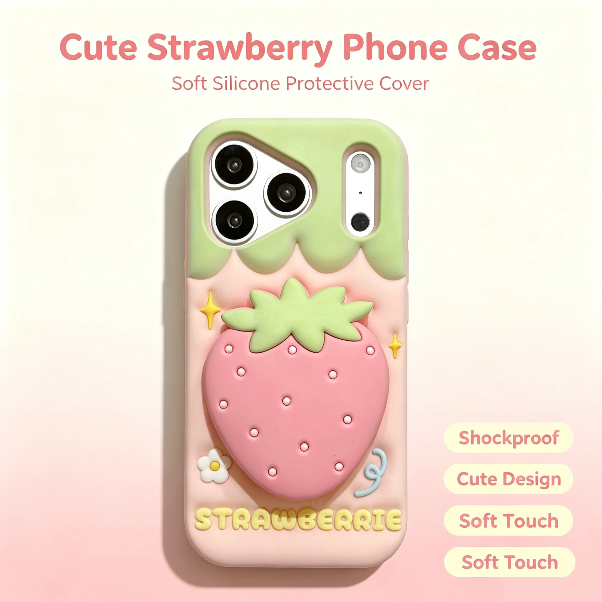 For iPhone 18 Pro Max 17 16 15 14 13 Telescopic Bracket Cute 3D Strawberry Mirror Phone Case Soft Silicone Shockproof Back Cover