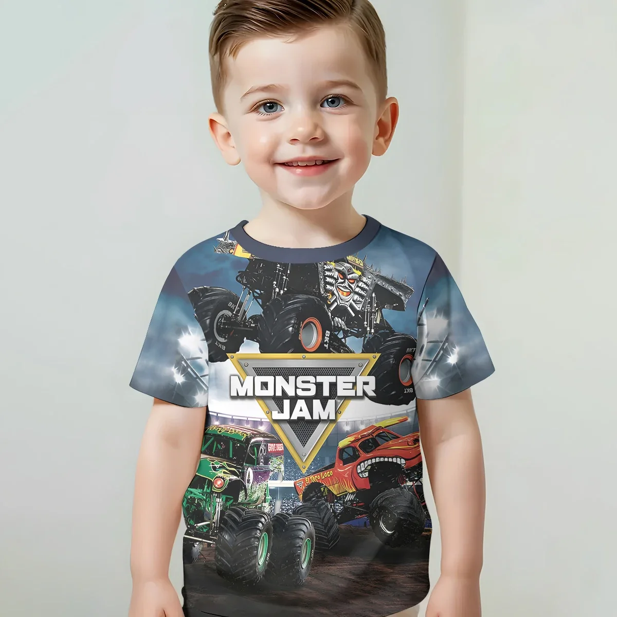 Ropa de bebé con estampado 3D de camión de dibujos animados Monster Jam, ropa de exterior masculina de 5 a 14 años para niños, camiseta para niños y niñas