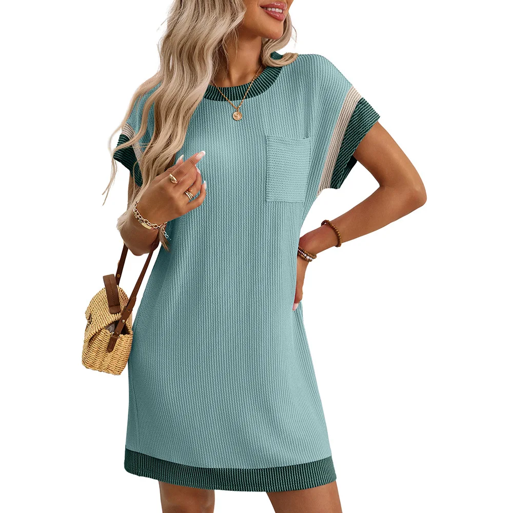 2025 New Women's Dresses Versatile Contrast Color Stripe Knit T Shirt Dress In Multiple Colors Female Short Sleeve Midi Dress