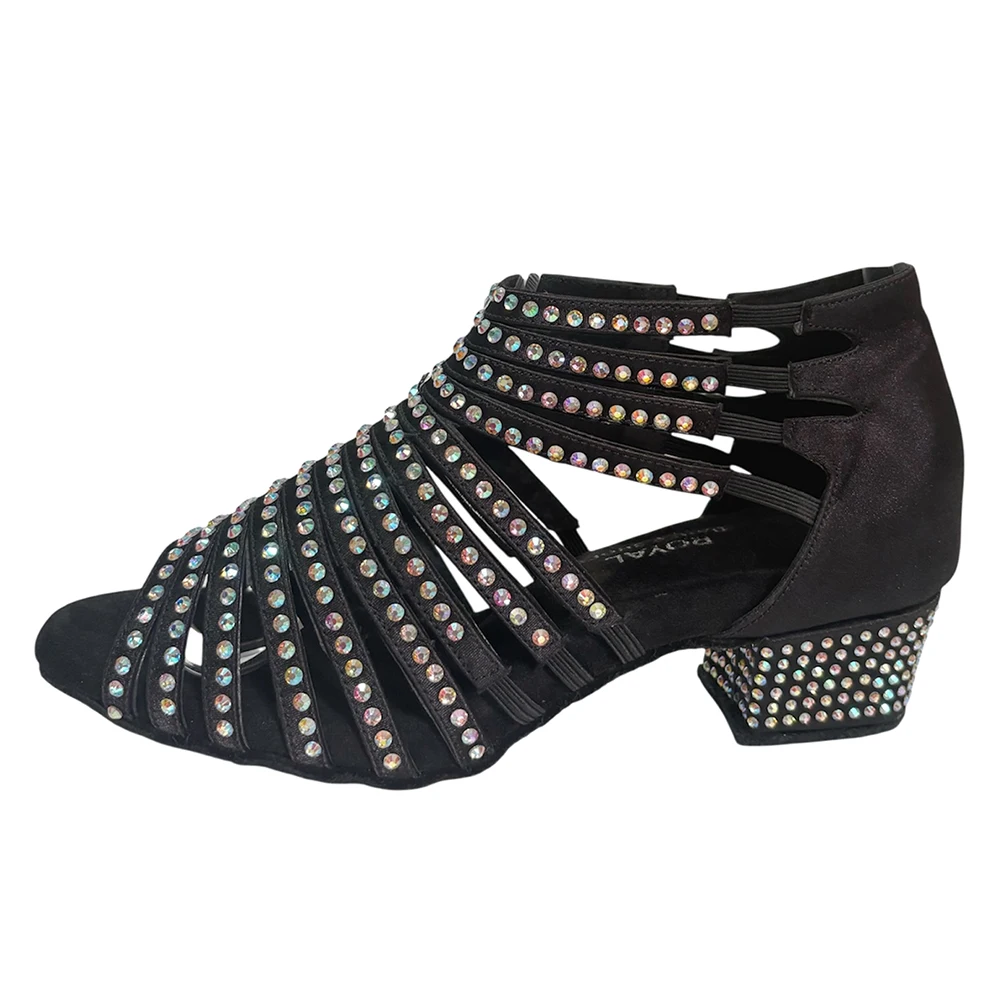 Latin Ballroom Dance Shoes Black Khaki Low Heel 4cm Comfortable Soft Crystal Latin Dance Shoes For Dance Team