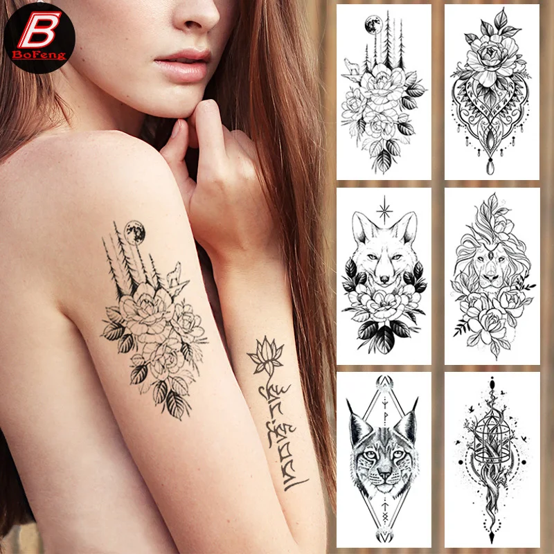 

New Small Full Arm Waterproof Tattoo Stickers Dark Dream Catcher Wolf Head Animal Black Rose Temporary Tattoo Sticker Women Men