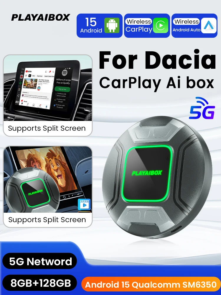 أندرويد 15 Carplay Ai Box محول أندرويد تلقائي لاسلكي SM6350 5G Netword لنيتفليكس يوتيوب لـ Dacia Spring Logan Sandero