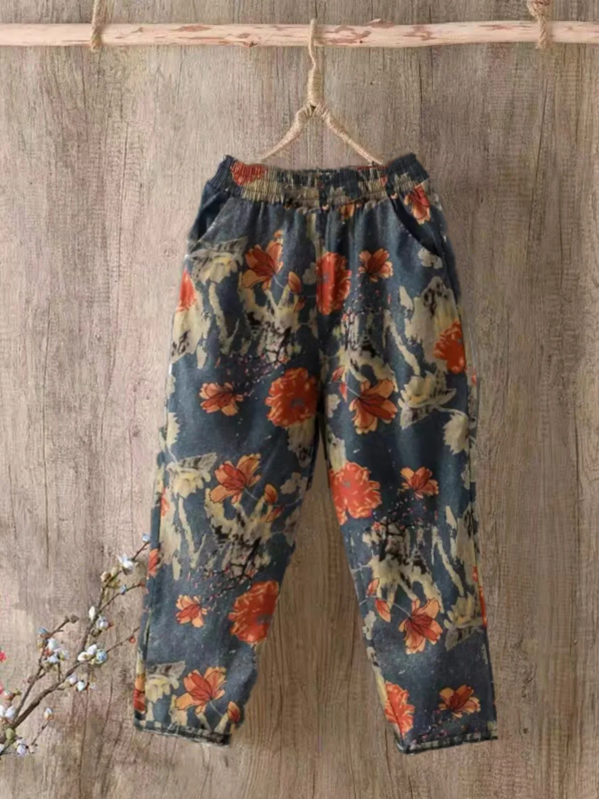 Moda algodão floral harem calças soltas casuais finas sle verão solto perna larga nove pontos calças de repolho plus size