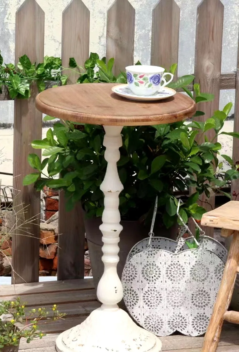 

Farmhouse Round Side Table Wood Top Iron Base Rustic Vintage Coffee Table Patio Garden Balcony End Table Sofa Side Table