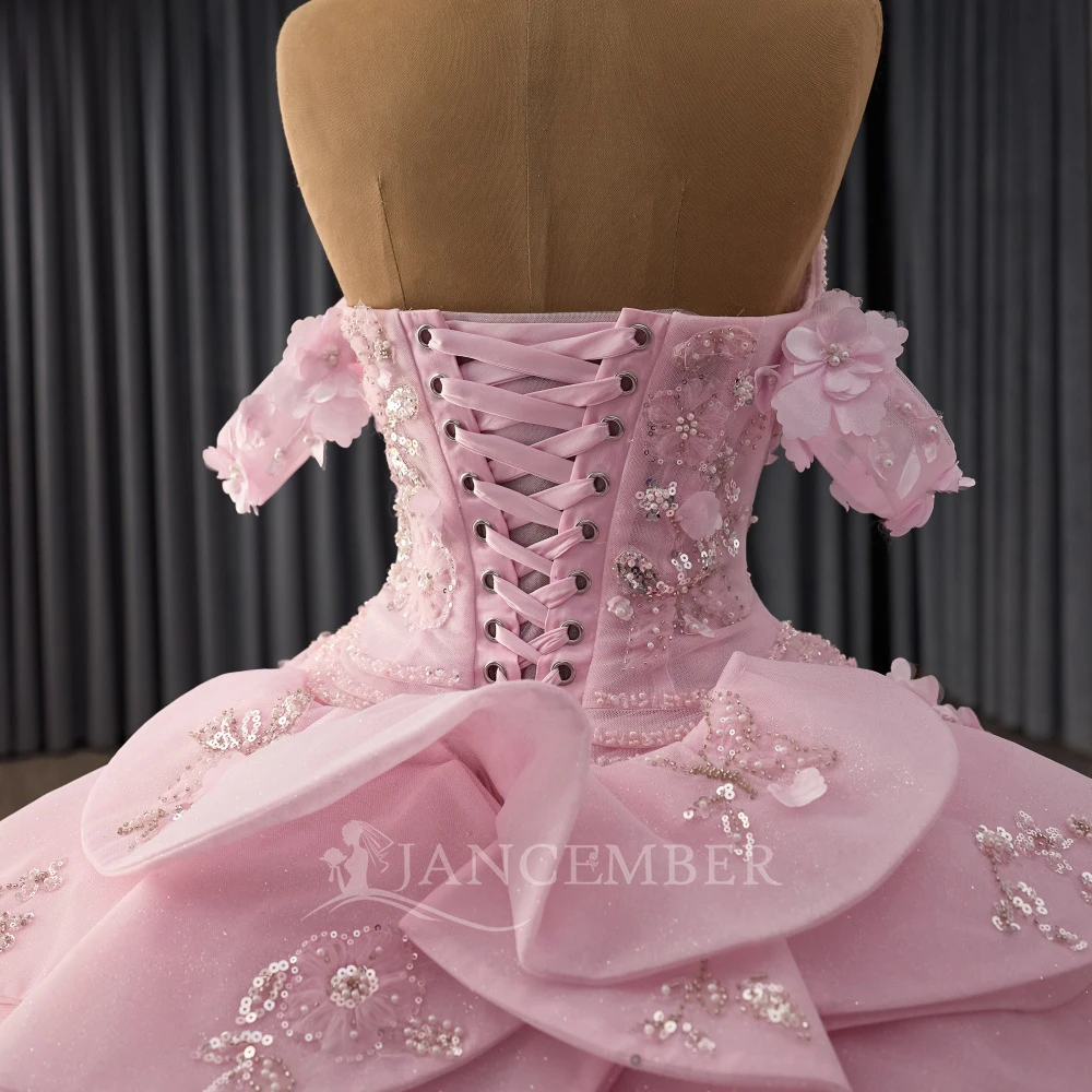 فستان Quinceeneara اللامع للشباب بدون أكتاف فساتين رسمية فستان بأكمام قصيرة مزين بفيستدو دي 15 ذيل محكمة مخصص #6