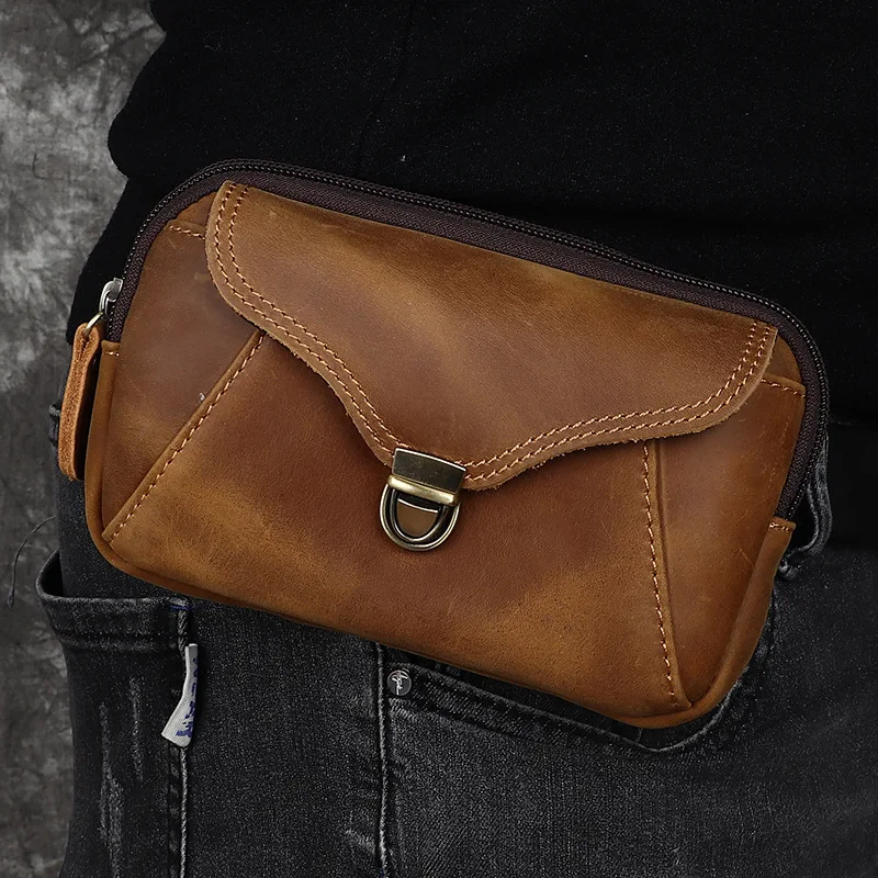 New Mad Horse Full-grain Cowhide Men's Waist Bag Leather Belted Waist Pouch for Mobile Phone Storage 6.1 - 6.7 Inches Batch