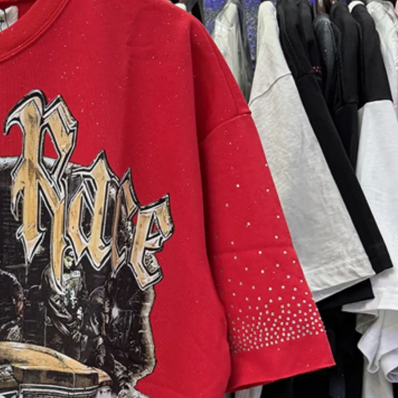Heavy Cotton Retro Rhinestone Round Neck Tops BKYS Tshirts Cutting Edge Short Sleeve Men Women Street Loose Outfit Red Black Tee