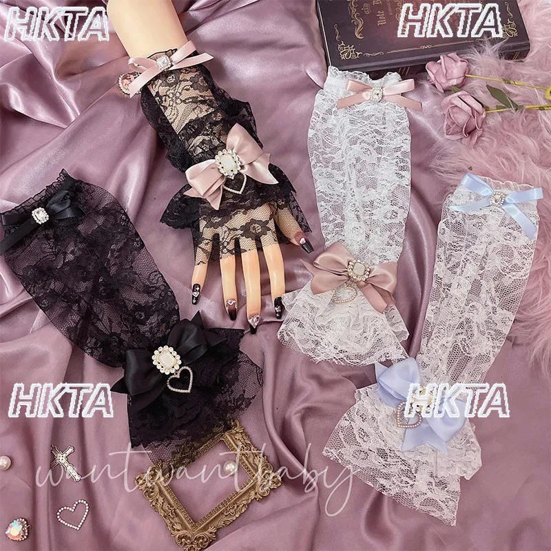 Original Lolita Style Mass-produced Subculture Arm Sleeves Sweet Bow Rhinestone Heart Lace Cos Arm Covers Sun Protection Gloves