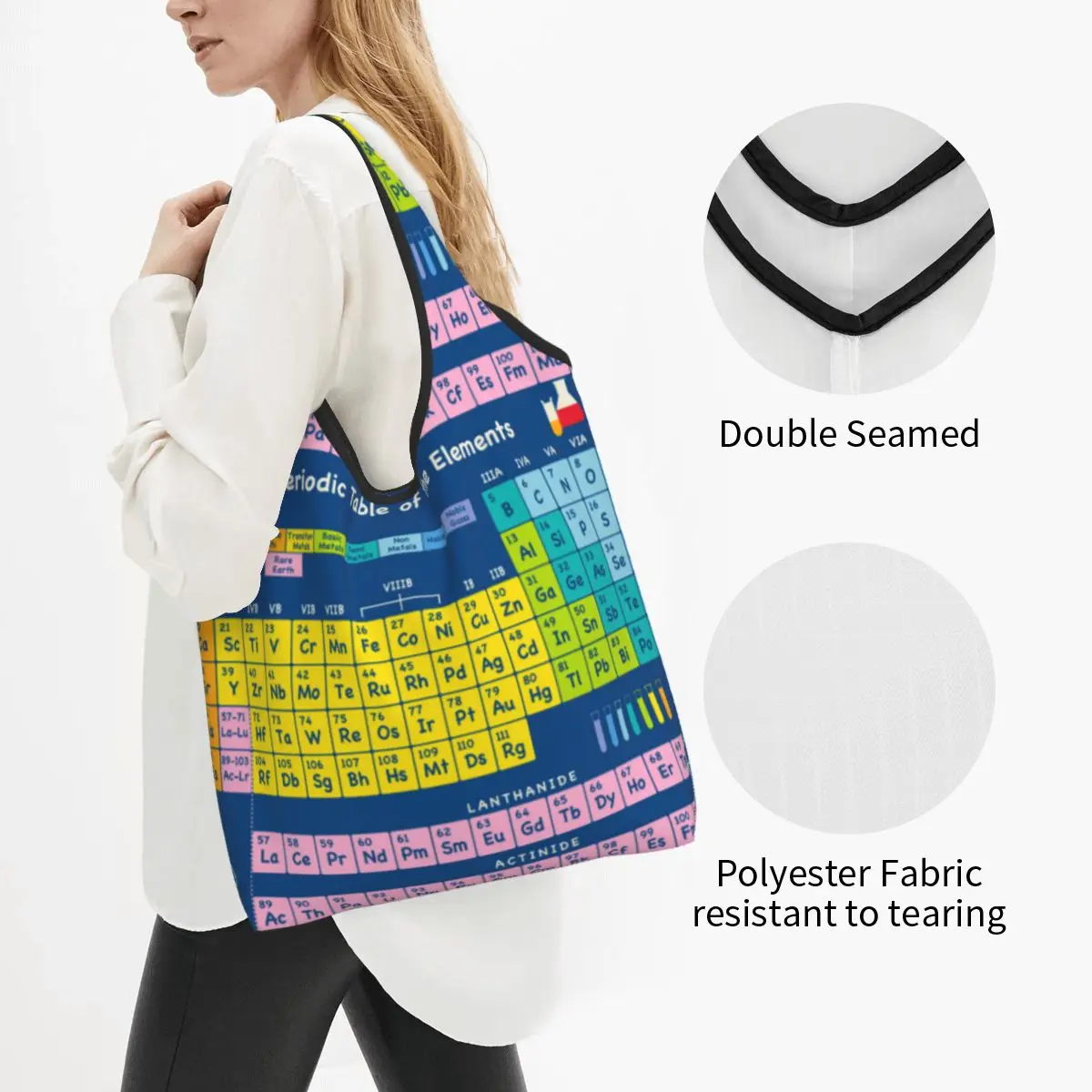 Reusable Periodic Table Shopping Bag Women Tote Bag Portable Chemistry Science Pattern Grocery Shopper Bags