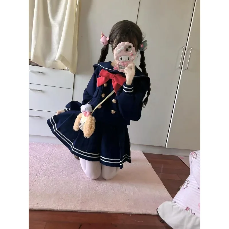 Japanse preppy stijl kawaii dames tweedelige set chique strik marine kraag tops + hoge taille minirok zoete vrouw outfits 2025