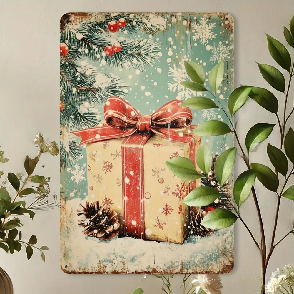 CIFBUY Vintage Christmas Gift Box & Pine Branch Metal Sign Retro Holiday Wall Decor 2D Flat Printing Aluminum Plaque Home Cafe