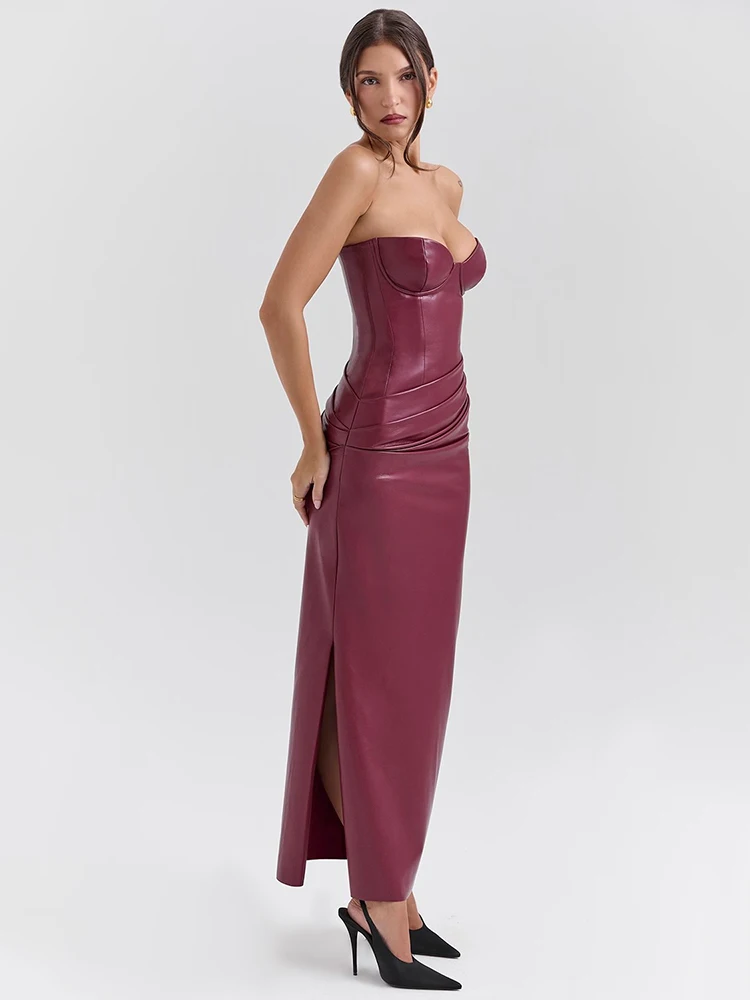 Mozision Wine Red Strapless Sexy PU Leather Maxi Dress Women Fashion Off-shoulder Backless Lace-up Bodycon Club Party Long Dress