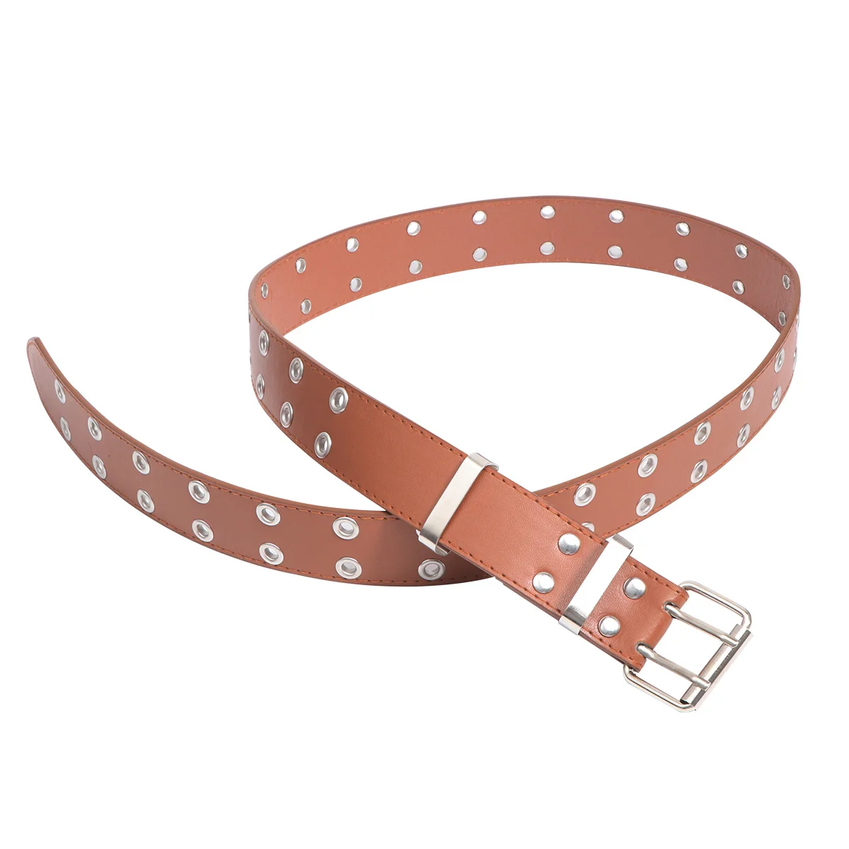 

Pu Belt For Men Women Durable Iron Buckle Punk Style Double Row Holes Waist Belt Brown Simple Comfortable Unisex Gift