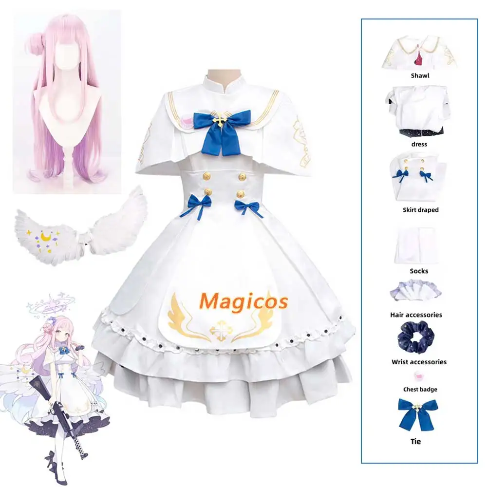 Game Blue Archive Misono Mika Cosplay Costume Wig White Wedding Dress Princess Skirt Wing Woman Halloween Carnival Party Suit