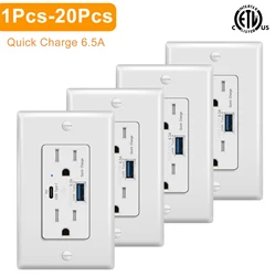 1Pcs-20Pcs 6.5A USB Quick Charge Outlets With 15A Tamper-Resistant Wall Charger US Power Socket and Standard Socket White Outlet