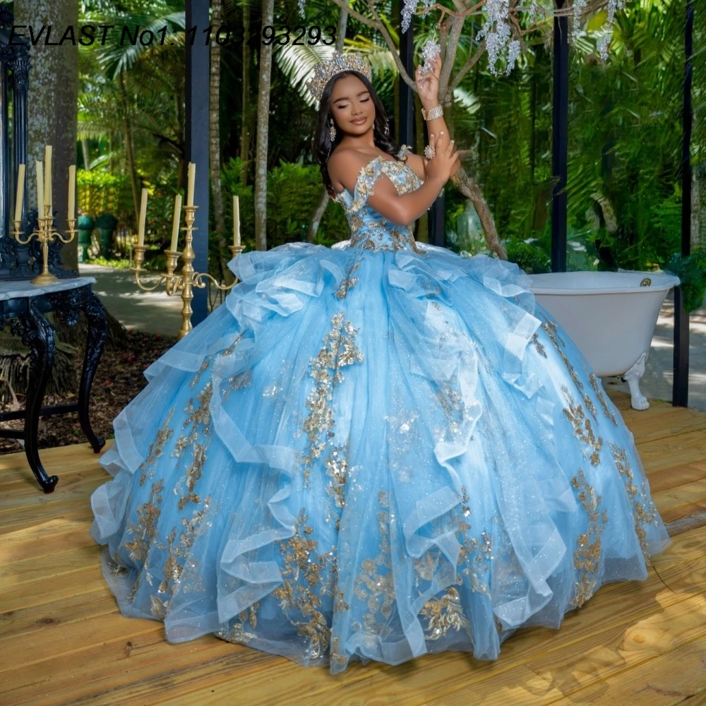 

EVLAST индивидуальное синее платье Quinceanera 2026 года, бальное платье с золотой кружевной аппликацией и оборками из бисера, милое платье 16, Vestidos De 15 Anos E1QN774