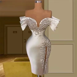 Luxury Cocktail Dresses Sheath Spaghetti Off The Shoulder Knee Length Pearls Homecoming Dresses Haute Couture Customized
