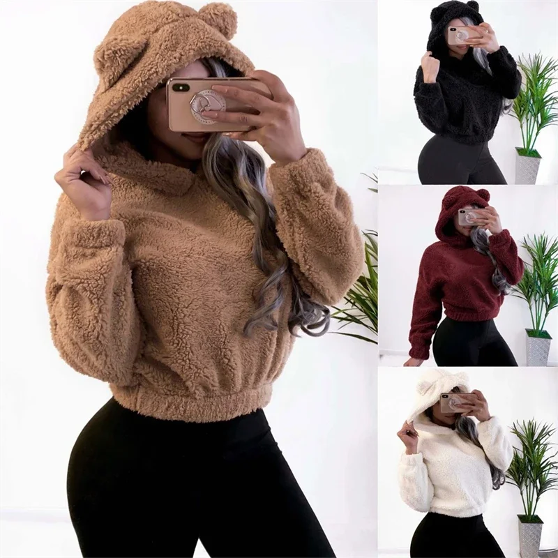 

Winter Korean Fashion Bear Ears Cute Loose Hoodie Fluffy Hooded Warm Sweatshirt Long Sleeve Top Solid Pullover Clothes For Women