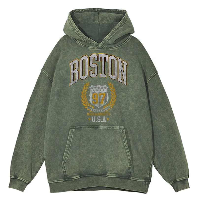 Retro Distressed Wash Boston 97 Usa City Letter Sweatshirt Men Hip Hop Hip Hop Clothes Autumn Hoodie Fashion 100% Cotton Hooded