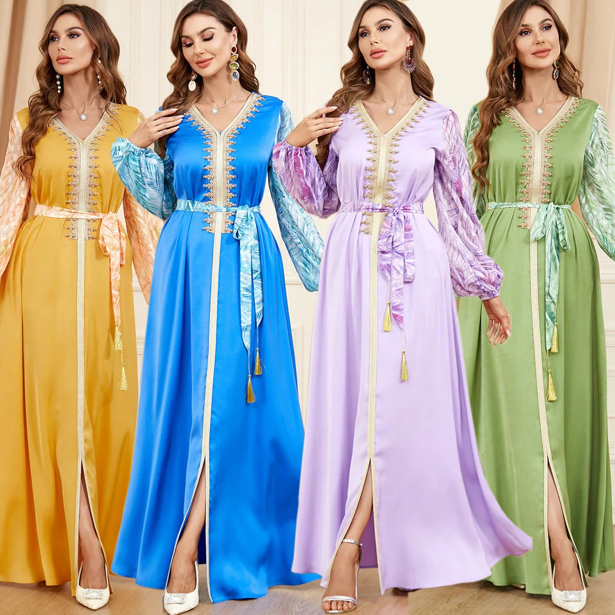 3402 Muslim clothing new patchwork bubble sleeve long sleeved Arab women's dress