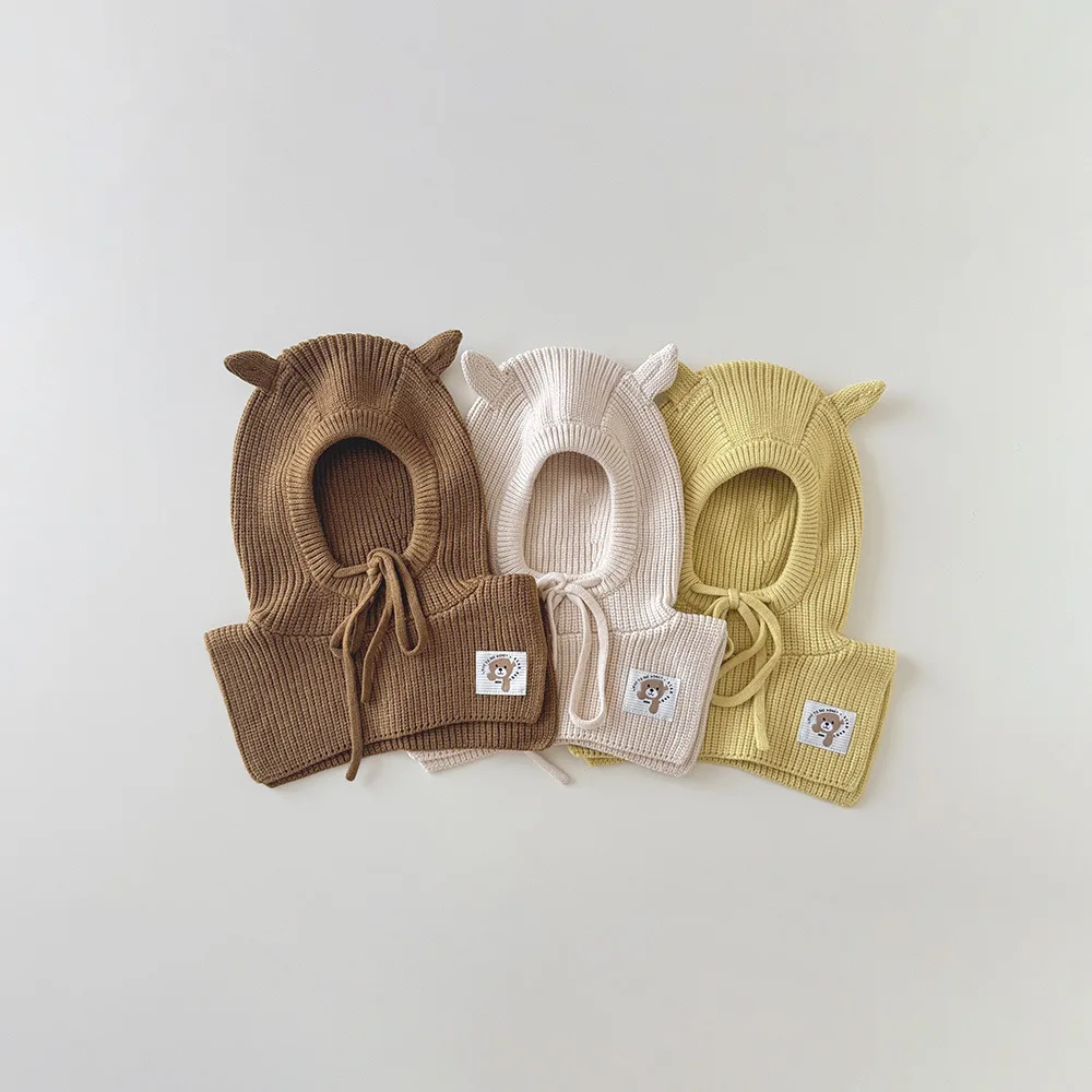 

New Korean Autumn Winter Knitted Baby Earflap Warm Hat Handmade Thick Boys Girl Outdoor Balaclava For 1-6 Years Old Kids