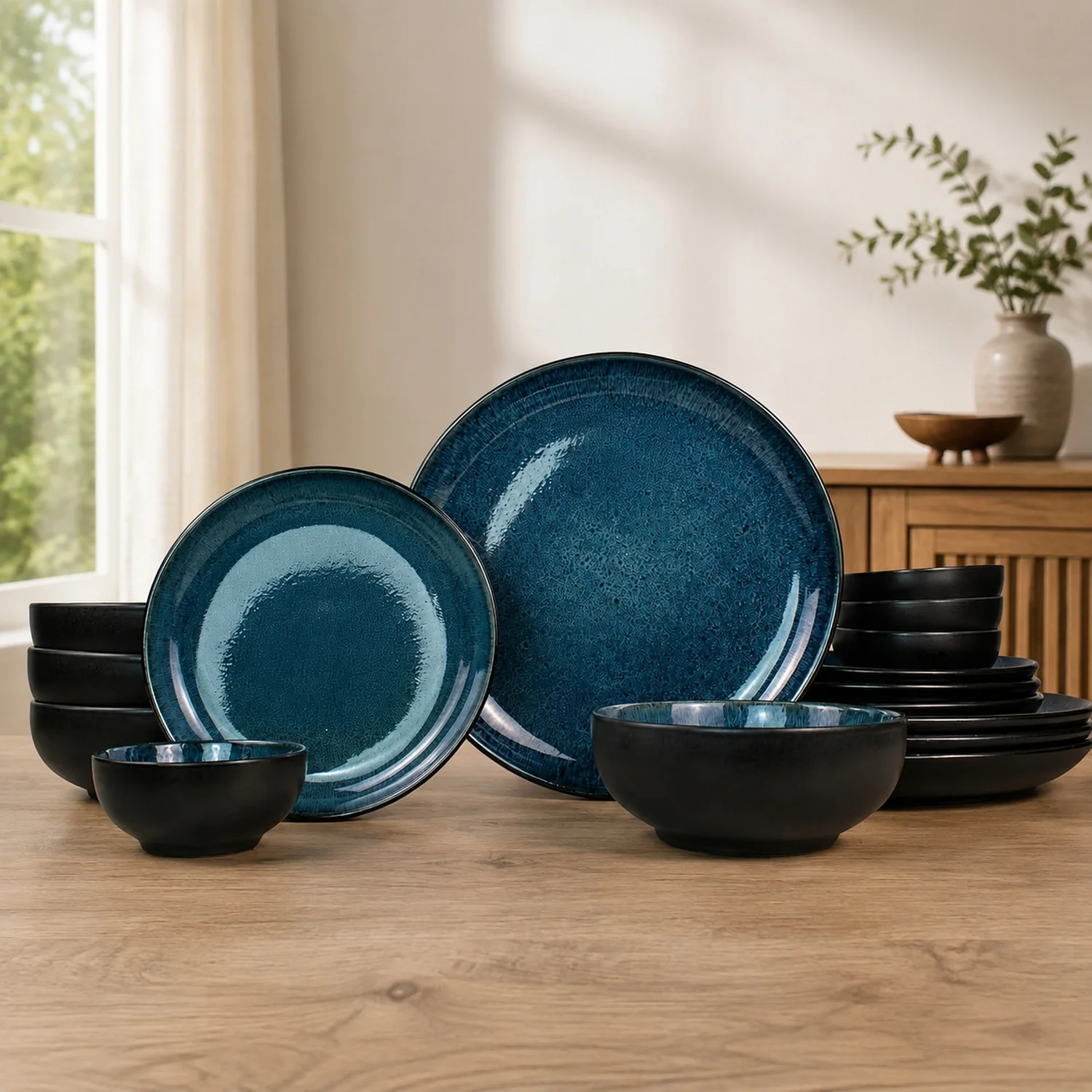 16-Piece Stoneware Dinnerware Set for 4, Glossy Black/Blue Big Dinner Plates and Bowls with Reactive Glaze, Ceramic Dish, Modern