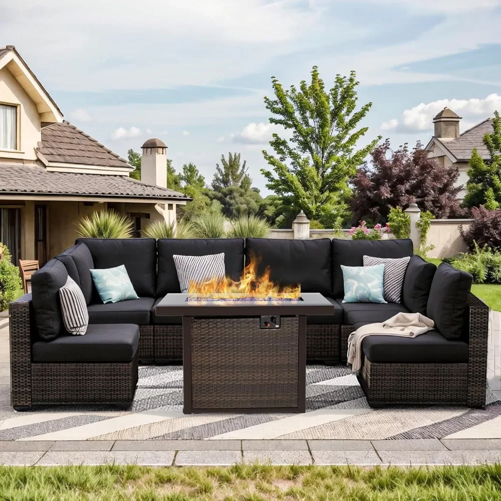 Patio Furniture Set, 7 Pieces Wicker Outdoor Furniture Set with Fire Pit Table, PE Rattan Outdoor Conversation Sofa Set