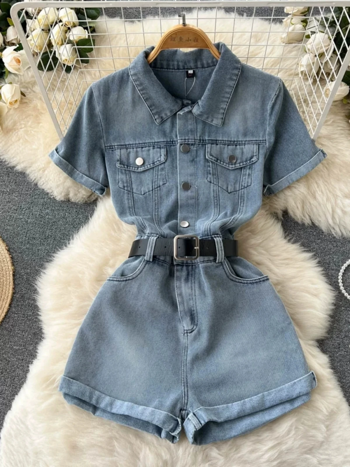 

Vintage Denim Jumpsuit Overalls Women Blue Black Jeans Playsuit Buttons High Waist With Belt Wide Legs Spring Summer 63928