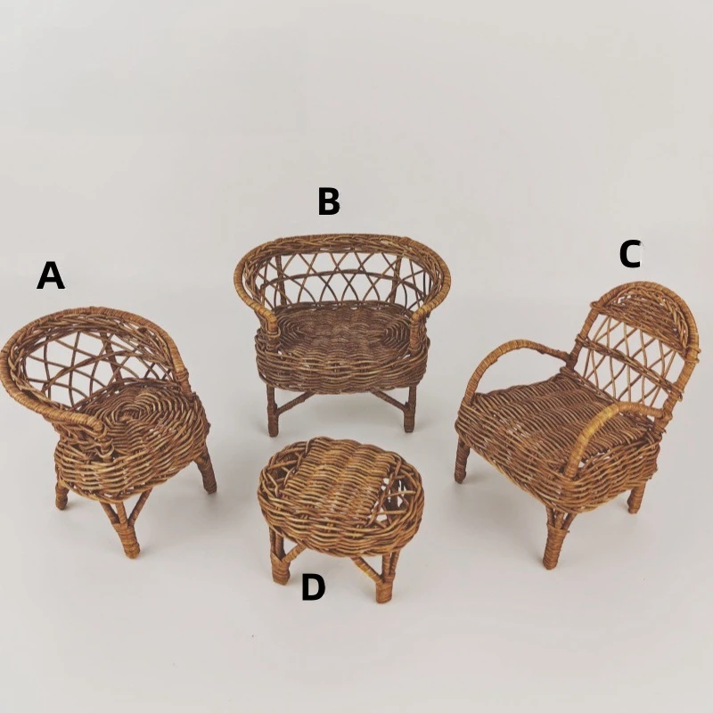 Set di sedie in rattan in miniatura in scala 1/12 Doppio divano singolo in rattan Mobili per casa delle bambole BJD/OB11 Accessori per scene di gioco per casa delle bambole