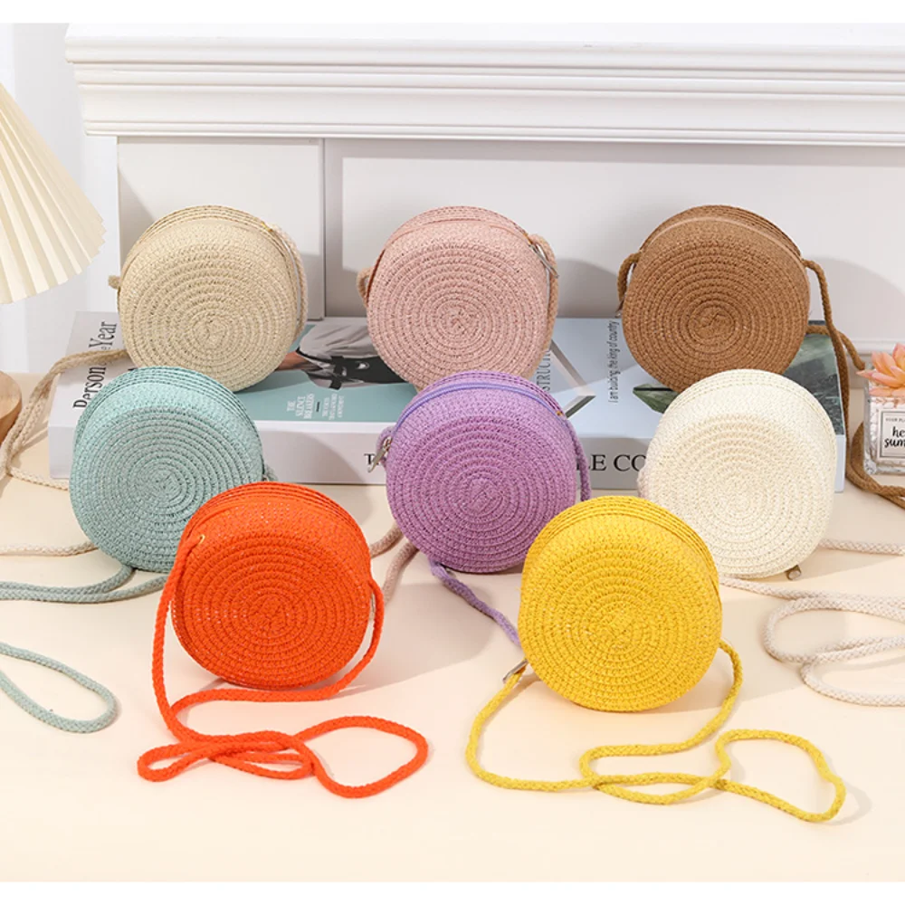 Round Cake Woven Straw Bag for Children Baby Travel Crossbody Bag for Girls New Western-style Small Bag Cute