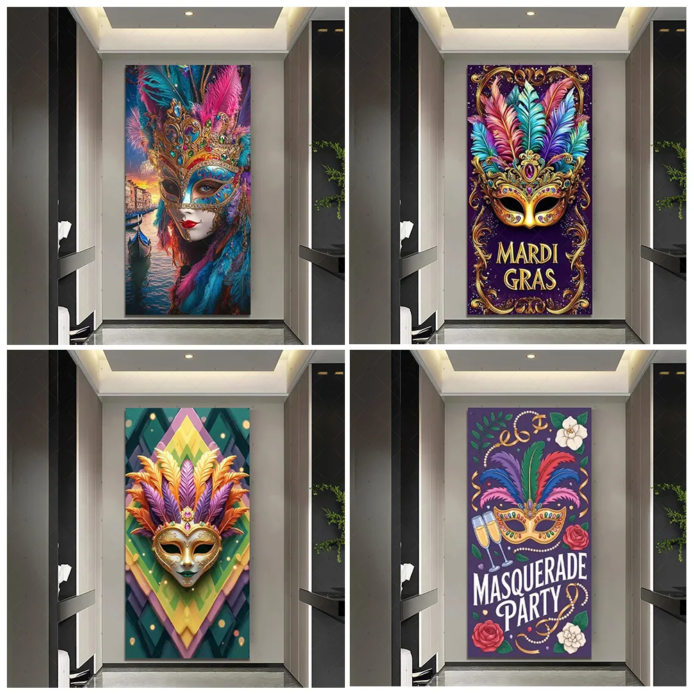 

Venice Carnival Mask Door Cover Backdrop Mardi Gras Masquerade Party Decorations Colourful Feather Background Photo Shoot Prop