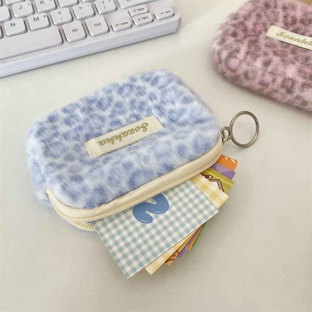 

Faux Fur Leopard Pouch, Soft Mini Case for Lipstick & Cards, Portable ID Wallet Period Liner Organizer
