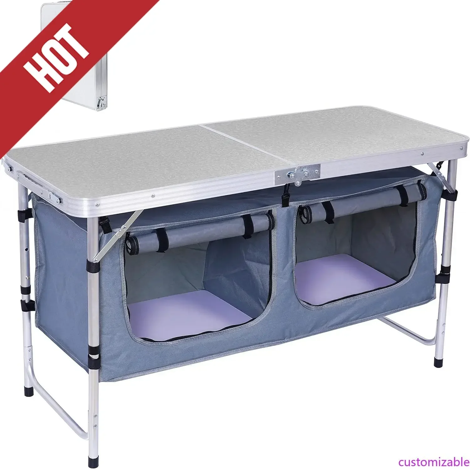 

Customizable-Camping Table, Folding Table Height Adjustable, Camp Table, Storage Kitchen Table, Lightweight Aluminum, With Carry