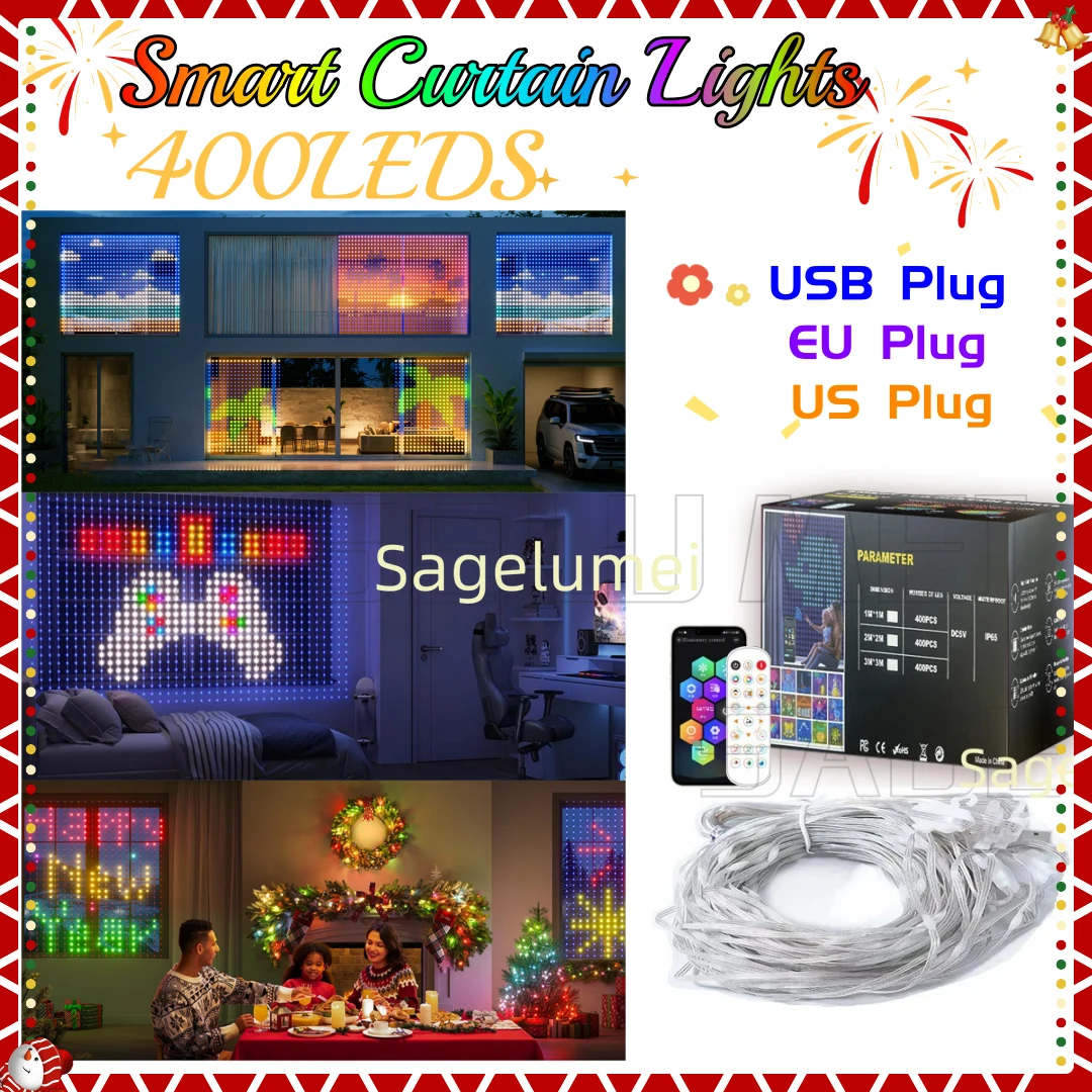 Smart Curtain Lights WiFi APP Control DIY RGBIC Pattern Music Sync IP65 Waterproof for Christmas Newyear Gift USB /EU /US Plug