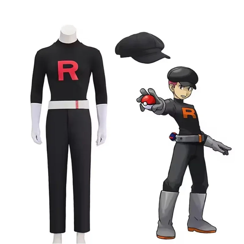 Costumes de cosplay Team Rocket Grunt 2026, uniforme noir d'anime, chapeau, costume de cosplay d'Halloween, ensemble complet pour femmes et hommes