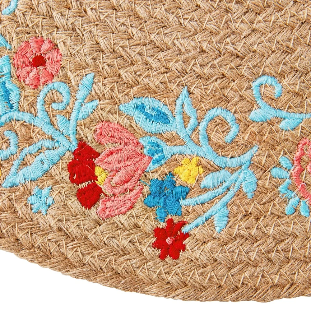2 Pack Sweet Rose Jute Round Placemat Rustic Embroidered Dining Table Decor 15 Inch Diameter Multicolor Country Chic Home