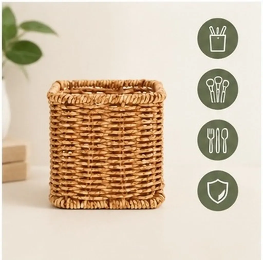 Faux Rattan Pen Holder 2 Piece Desk Organizer for Brushes Makeup Utensils Tea Storage Cute Desktop Decor