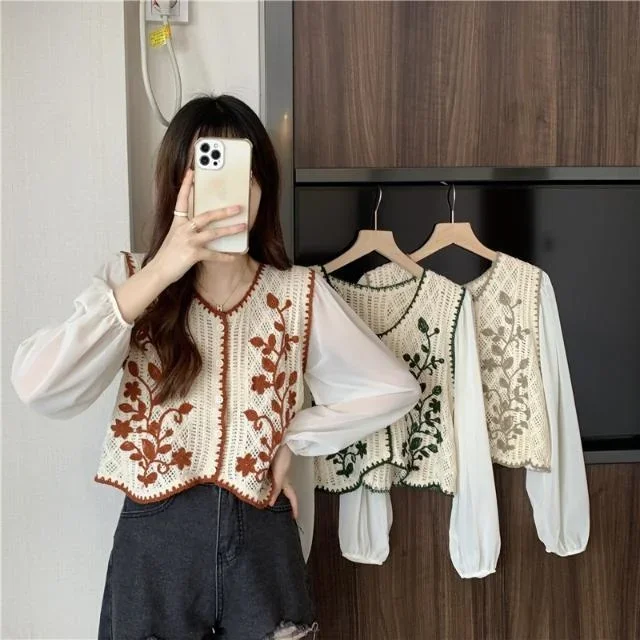 Summer Knitted Cardigan Women\'s Lace Shirt Long Sleeve Short V-neck Chiffon Top Vintage Clothes for Women Tops Shirts Blouses