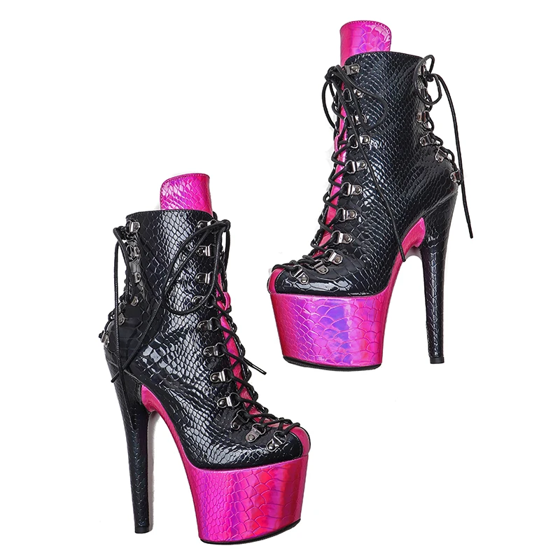 Leecabe  17CM/7inches Snake PU upper mix color Trendy fashion ankle boots High Heel platform  stripper heel Pole Dance boot