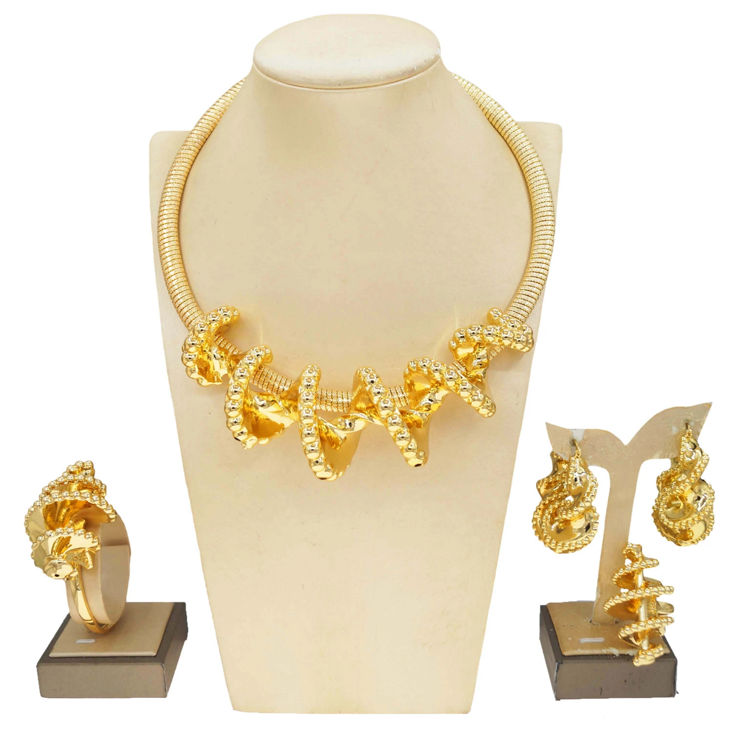 

Light Weight Gold Plated Jewelry Sets for Women Spiral Necklace Bracelet Ring Earring Free Shipping African Party Accessories