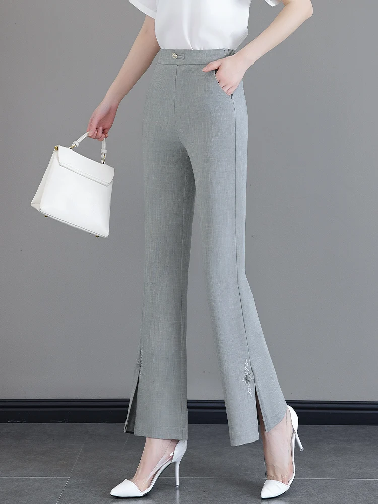 

New Chinese Style High Waist Slit Thin Summer Women's Flared Pants Comfortable Breathable Cotton Casual Trousers