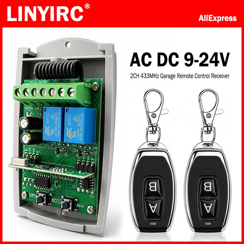 AC DC 9-24V 433MHz Universal Garage Door / Gate Remote Control Receiver 2CH RF Switch Module Relay Garage Door Opener Controller