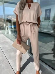 Jumpsuit Vrouwen 2023 Effen Kleur Met Korte Mouwen V-Hals Zak Met Veteraan En Lange Broek Jumpsuits Zomeroutfits Bodysuits