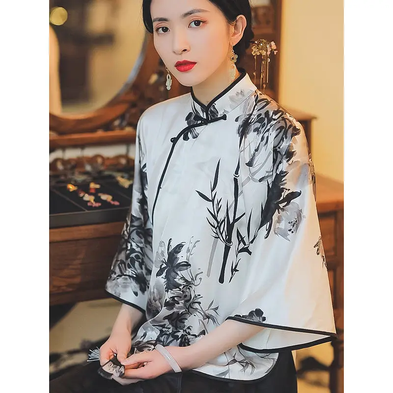 

Tang Suit Hanfu Improved Bamboo Printed Republic of China long-sleeved Cheongsam Tops Retro Pan Buckle Chinese Women's Clothing