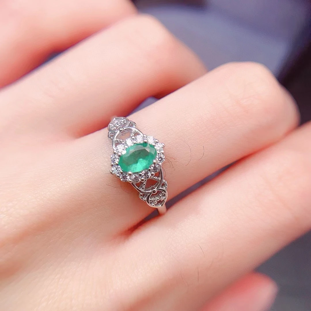 0.5ct Natural Colombia Emerald Ring for Engagement 4mm*6mm Emerald 925 Silver Ring with 18K Gold Plated Woman Birthday Gift