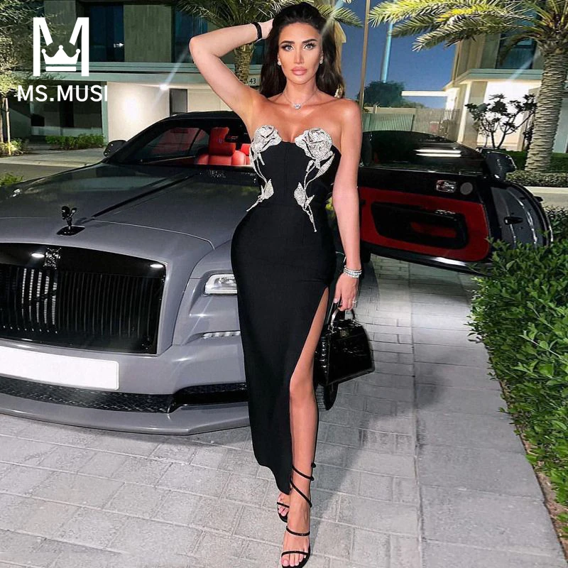 

MSMUSI 2023 New Fashion Women Sexy Slim Strapless Floral Crystal Bandage Sleeveless Bodycon Party Club Slit Maxi Dress Long Gown