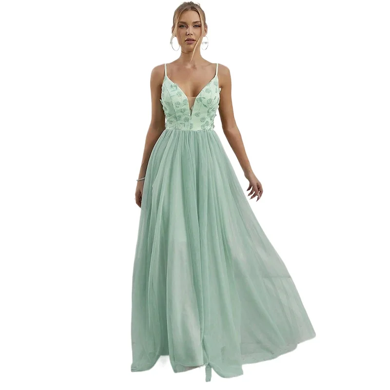 

Sexy V-neck Open Back Spaghetti Straps Appliques Long Formal Evening Dress